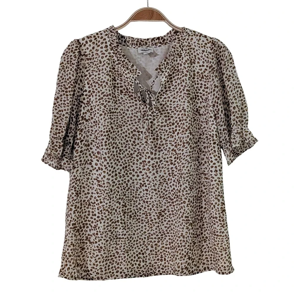 J. Crew Leopard Print Ruffle Tie Neck Short Sleeve Blouse Women's Size S NWT $80